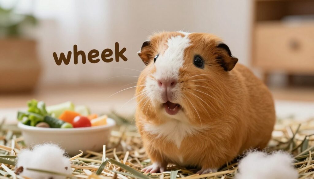 A close-up view of a cute guinea pig (cavia porcellus) in a cozy indoor setting, showcasing its expressive features as it emits a "wheek" sound. The foreground features a fluffy, light brown guinea pig with whiskers prominently visible, its mouth slightly opened in a joyful squeak. In the middle ground, there is a colorful bedding made of soft hay and cotton, with a small food bowl filled with fresh vegetables. The background is softly blurred, featuring a warm-toned room with gentle lighting that evokes a calming atmosphere. The focus is on the guinea pig, capturing the essence of its vocalization. The overall mood is heartwarming and playful, inviting the viewer to connect with the adorable animal. A close-up view of a cute guinea pig (cavia porcellus) in a cozy indoor setting, showcasing its expressive features as it emits a "wheek" sound. The foreground features a fluffy, light brown guinea pig with whiskers prominently visible, its mouth slightly opened in a joyful squeak. In the middle ground, there is a colorful bedding made of soft hay and cotton, with a small food bowl filled with fresh vegetables. The background is softly blurred, featuring a warm-toned room with gentle lighting that evokes a calming atmosphere. The focus is on the guinea pig, capturing the essence of its vocalization. The overall mood is heartwarming and playful, inviting the viewer to connect with the adorable animal.