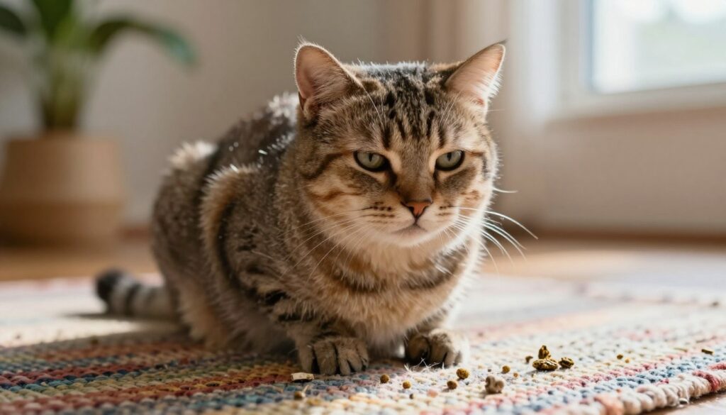 A close-up view of a domestic cat sitting on a colorful woven rug, looking slightly unwell. The cat has a thin, slightly bloated belly, and its fur lacks luster. Its eyes appear dull and tired, conveying a subtle sense of distress. Surrounding the cat are common signs of parasite presence, such as small scattered pieces of cat litter and a light sheen of fur shedding. The background is softly blurred to focus on the cat, with warm lighting enhancing the intimate atmosphere. A cozy living room setting, with a plant in the corner and gentle sunlight streaming through a window, adds a sense of home. The mood is gentle but concerning, highlighting the need for attention to the cat's health. A close-up view of a domestic cat sitting on a colorful woven rug, looking slightly unwell. The cat has a thin, slightly bloated belly, and its fur lacks luster. Its eyes appear dull and tired, conveying a subtle sense of distress. Surrounding the cat are common signs of parasite presence, such as small scattered pieces of cat litter and a light sheen of fur shedding. The background is softly blurred to focus on the cat, with warm lighting enhancing the intimate atmosphere. A cozy living room setting, with a plant in the corner and gentle sunlight streaming through a window, adds a sense of home. The mood is gentle but concerning, highlighting the need for attention to the cat's health.