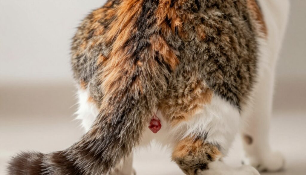 A close-up view of a domestic cat's rear end, clearly showing the area beneath its tail for gender identification. The focus should be on the anatomical features that help distinguish male from female cats, ensuring all elements are respectful and educational. The cat's fur is well-groomed, showcasing a variety of colors and patterns, with soft natural lighting illuminating the scene. The background should be softly blurred to emphasize the cat, evoking a calm and informative atmosphere. The angle is slightly elevated to provide a clear view while maintaining a neutral perspective, ensuring the image is professional and suitable for educational content.