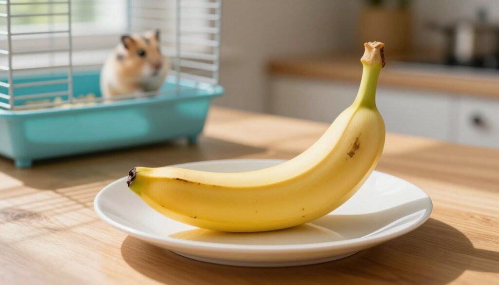 A close-up view of a freshly peeled banana on a clean, white plate set on a wooden kitchen table, focusing on the banana’s rich yellow color and smooth texture. Next to the banana, a small, colorful hamster cage is visible, slightly blurred in the background, suggesting the presence of a curious hamster. Soft, natural sunlight streams in from a nearby window, casting gentle shadows that enhance the inviting atmosphere. The image should evoke a sense of care and preparation, highlighting the importance of making healthy food choices for pets. The composition should be warm and engaging, capturing the essence of a nurturing environment for pet owners.