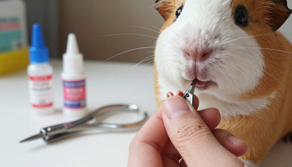 A close-up view of a guinea pig's paw, showcasing its small, delicate nails being trimmed. The foreground features a well-groomed and gently held paw, with a tiny drop of blood visible, highlighting the need for careful handling during nail trimming. In the middle ground, a set of grooming tools, including nail clippers and styptic powder, is arranged neatly, implying a safe environment for pet care. In the background, soft lighting creates a serene atmosphere, with blurred hints of a cozy room filled with pet supplies. The focus is sharp on the guinea pig’s paw, evoking a sense of calm and attentiveness, reinforcing the theme of gentle care and safety in pet grooming.