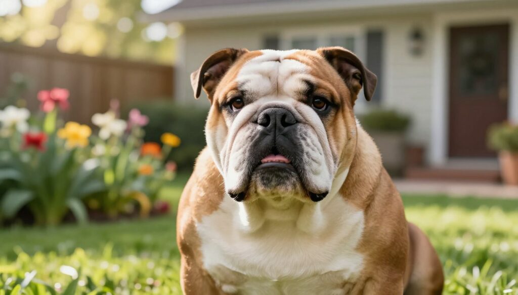 A close-up view of a healthy English Bulldog in a sunny garden setting, showcasing its strong build and distinctive facial features. The foreground features the Bulldog sitting proudly, with its coat shiny and well-groomed. In the middle ground, lush green plants and colorful flowers create a vibrant atmosphere, symbolizing vitality and well-being. The background has a soft focus of a cozy home with warm sunlight filtering through trees, casting gentle shadows. The image captures a nurturing and uplifting mood, emphasizing the importance of health and longevity in dogs. The lighting is bright and warm, highlighting the Bulldog’s expressive eyes, conveying a sense of joy and life. A close-up view of a healthy English Bulldog in a sunny garden setting, showcasing its strong build and distinctive facial features. The foreground features the Bulldog sitting proudly, with its coat shiny and well-groomed. In the middle ground, lush green plants and colorful flowers create a vibrant atmosphere, symbolizing vitality and well-being. The background has a soft focus of a cozy home with warm sunlight filtering through trees, casting gentle shadows. The image captures a nurturing and uplifting mood, emphasizing the importance of health and longevity in dogs. The lighting is bright and warm, highlighting the Bulldog’s expressive eyes, conveying a sense of joy and life.