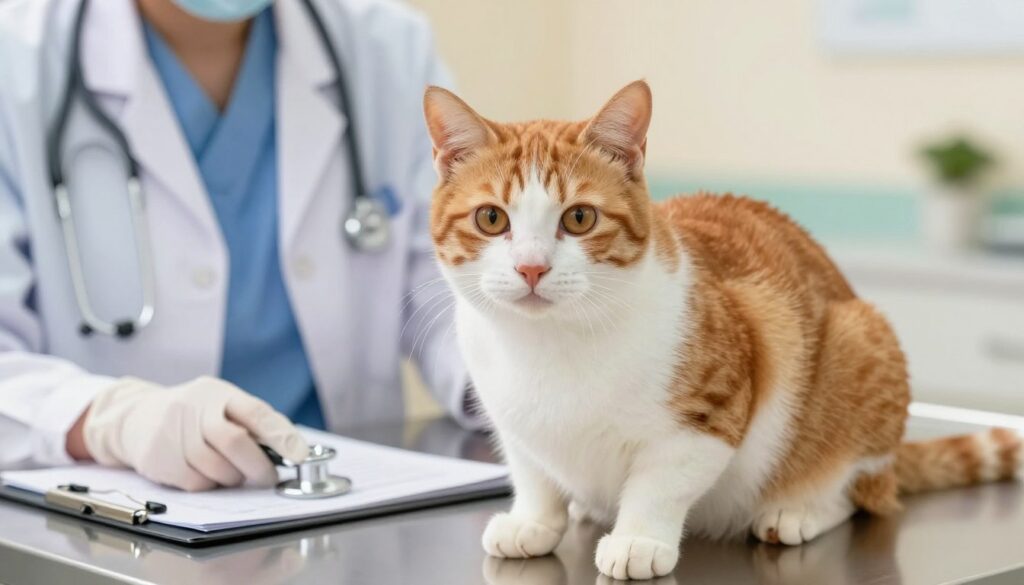 A close-up view of a healthy domestic cat perched on a veterinary examination table, its fur shiny and groomed, reflecting vibrant hues of orange and white. In the foreground, a veterinarian, wearing professional attire (a white coat and gloves), examines the cat, illustrating a caring interaction. In the middle ground, a stethoscope and a clipboard with medical notes are visible, emphasizing the health-check context. The background features soft, diffused lighting, simulating a warm veterinary clinic atmosphere with calming pastel colors on the walls. The scene conveys a sense of reassurance and professionalism, highlighting the importance of health in behavioral issues. The composition should be well-balanced, focusing on the cat and veterinarian, with a shallow depth of field to keep distractions at bay. A close-up view of a healthy domestic cat perched on a veterinary examination table, its fur shiny and groomed, reflecting vibrant hues of orange and white. In the foreground, a veterinarian, wearing professional attire (a white coat and gloves), examines the cat, illustrating a caring interaction. In the middle ground, a stethoscope and a clipboard with medical notes are visible, emphasizing the health-check context. The background features soft, diffused lighting, simulating a warm veterinary clinic atmosphere with calming pastel colors on the walls. The scene conveys a sense of reassurance and professionalism, highlighting the importance of health in behavioral issues. The composition should be well-balanced, focusing on the cat and veterinarian, with a shallow depth of field to keep distractions at bay.