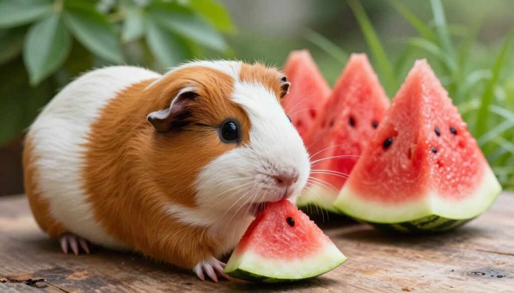 A close-up view of a healthy, vibrant guinea pig interacting with fresh watermelon. In the foreground, the guinea pig is nibbling delightfully on a small piece of juicy watermelon, showcasing its whiskers and bright eyes filled with curiosity. Soft natural light illuminates the scene, creating a warm and inviting atmosphere. In the middle ground, slices of watermelon are artfully arranged on a rustic wooden surface, emphasizing freshness and dietary focus. In the background, lush green leaves and healthy grass hint at a natural habitat, enhancing the overall feel of a wholesome, friendly environment for the pet. The image should evoke a sense of care and understanding of guinea pig dietary needs without any distractions or text elements.
