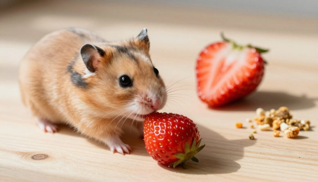 A close-up view of a small, curious hamster reaching for a fresh strawberry, set on a clean wooden surface. The bright red strawberry glistens in soft natural light, accentuating its juicy texture. In the background, a heart-shaped slice of the strawberry rests alongside the small portion of hamster food, hinting at a careful balance in treats. The scene is lively yet calm, conveying a gentle atmosphere as the hamster explores its fruity offering. Soft shadows cast by the morning sunlight create depth, while a shallow depth of field keeps the focus on the hamster and strawberry, providing a warm and inviting feel to the image.