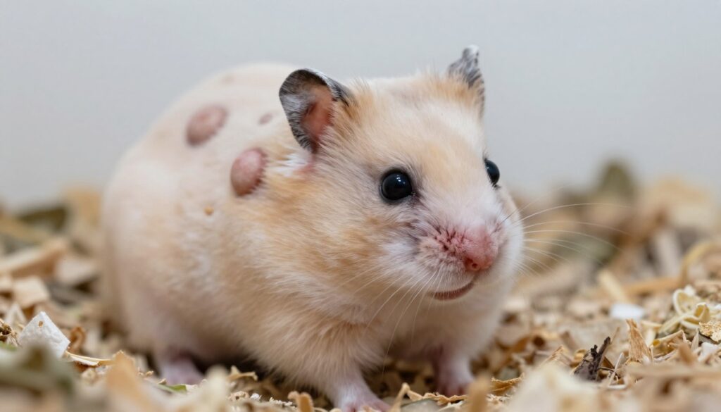 A close-up view of a small, fluffy hamster with distinct symptoms of cancer, focusing on noticeable lumps on its body. The hamster is in a neutral-colored habitat, surrounded by its bedding, with soft, natural lighting illuminating its features. The foreground highlights the hamster's concerned expression, with soft shadows adding depth. In the middle ground, slight variations in bedding texture create a cozy setting. The background remains blurred, with light pastel colors ensuring the focus stays on the hamster. The overall mood is one of concern yet care, showcasing the importance of health awareness in small pets. The camera angle is slightly tilted at eye level to create intimacy.