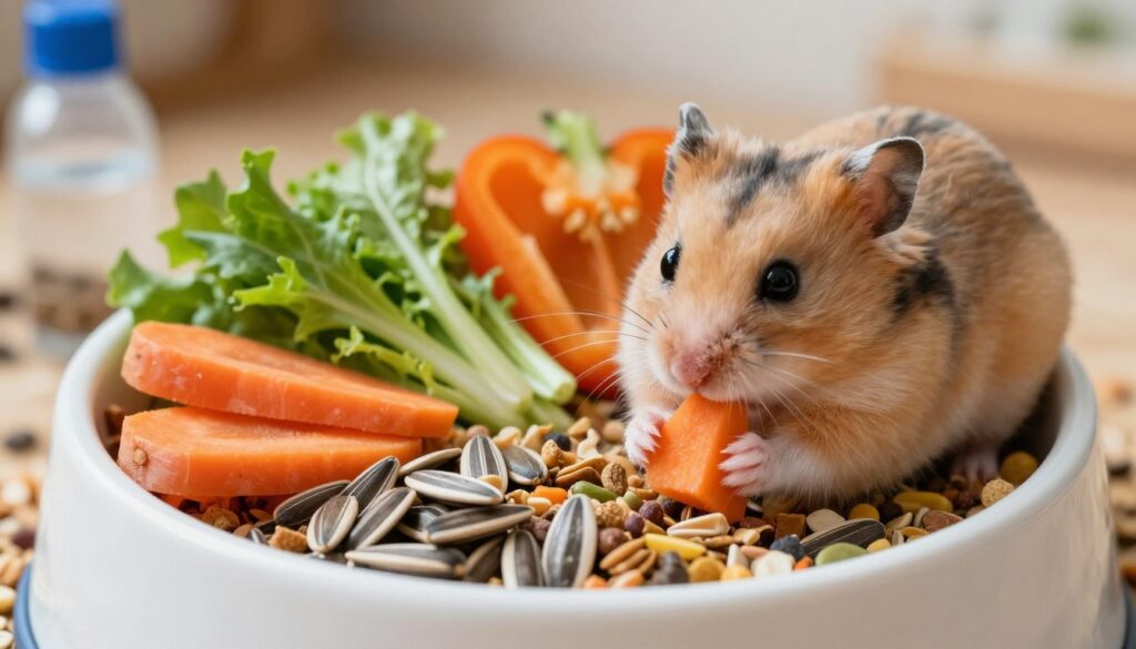 A close-up view of a well-fed hamsters' food bowl filled with a colorful assortment of fresh vegetables, seeds, and pellets, showcasing a healthy diet for pets. The foreground features the excited hamster nibbling on a carrot slice. In the middle, a variety of food items are artfully arranged around the bowl, including sunflower seeds, leafy greens, and bright bell pepper pieces. The background is softly blurred, showing a cozy habitat setup with bedding and a small water bottle, creating a warm, inviting atmosphere. Soft, natural lighting enhances the colors of the food, giving it a fresh and appetizing look. The mood is cheerful and nurturing, emphasizing pet care and well-being.