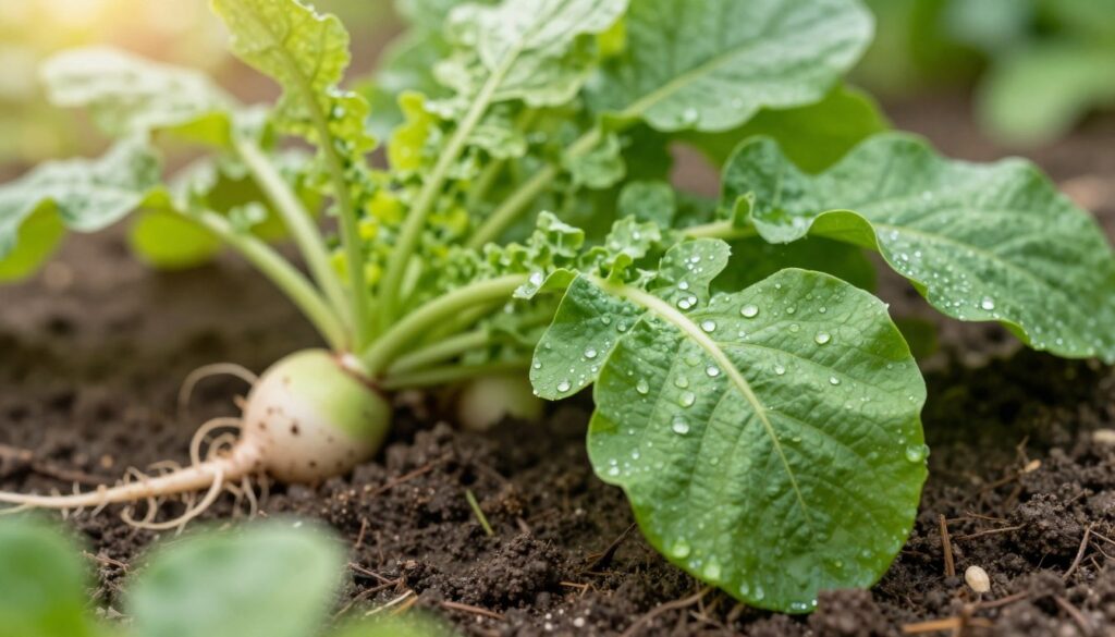 A close-up view of fresh radish leaves, showcasing their vibrant green color and intricate textures. The foreground features several bright, lush leaves with drops of dew glistening on their surface, highlighting their freshness. In the middle ground, a few radish roots can be seen partially buried in rich, dark soil, hinting at their connection to the leaves. The background is softly blurred, suggesting a garden setting with gentle natural light filtering through green foliage, creating a peaceful and nourishing atmosphere. The composition should evoke a sense of freshness and health, ideal for depicting the suitability of radish leaves for guinea pigs. The lighting should be warm and inviting, enhancing the natural beauty of the vegetables. A close-up view of fresh radish leaves, showcasing their vibrant green color and intricate textures. The foreground features several bright, lush leaves with drops of dew glistening on their surface, highlighting their freshness. In the middle ground, a few radish roots can be seen partially buried in rich, dark soil, hinting at their connection to the leaves. The background is softly blurred, suggesting a garden setting with gentle natural light filtering through green foliage, creating a peaceful and nourishing atmosphere. The composition should evoke a sense of freshness and health, ideal for depicting the suitability of radish leaves for guinea pigs. The lighting should be warm and inviting, enhancing the natural beauty of the vegetables.