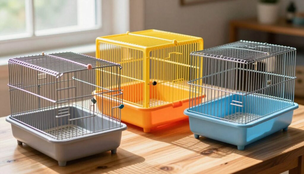 A close-up view of three different types of hamster cages arranged on a wooden table, showcasing their distinct materials: a shiny metal cage with intricate bars, a bright plastic cage in various colors, and a hybrid cage combining metal and plastic elements. The foreground features the cages prominently, allowing for a detailed examination of their textures and features. In the middle ground, natural light filters through a nearby window, casting soft shadows and highlighting the colors and finishes of each cage. The background is slightly blurred to keep the focus on the cages while conveying a homey atmosphere, suitable for pet care. The overall mood is inviting and informative, ideal for a pet care article. A close-up view of three different types of hamster cages arranged on a wooden table, showcasing their distinct materials: a shiny metal cage with intricate bars, a bright plastic cage in various colors, and a hybrid cage combining metal and plastic elements. The foreground features the cages prominently, allowing for a detailed examination of their textures and features. In the middle ground, natural light filters through a nearby window, casting soft shadows and highlighting the colors and finishes of each cage. The background is slightly blurred to keep the focus on the cages while conveying a homey atmosphere, suitable for pet care. The overall mood is inviting and informative, ideal for a pet care article.