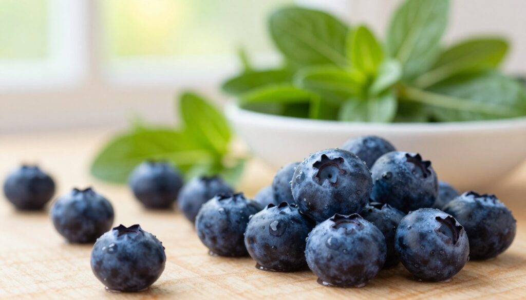 A colorful and vibrant close-up image of fresh blueberries arranged on a wooden surface. In the foreground, focus on a cluster of plump, juicy blueberries showcasing their deep indigo color, glistening with morning dew. In the middle ground, include a few scattered blueberries along with a small bowl filled with vibrant leafy greens to symbolize the nutrients. In the background, softly blurred, introduce hints of sunlight filtering through a window, creating a warm and inviting atmosphere. Use a shallow depth of field to emphasize the blueberries while keeping the greens slightly in focus. Capture the mood of health and vitality, highlighting the nutritional richness of blueberries, such as vitamins, minerals, and antioxidants. The lighting should be bright yet soft, evoking a sense of freshness and natural appeal.