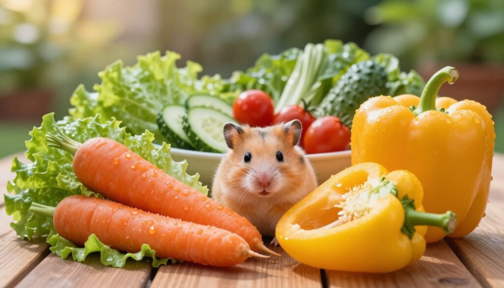 A colorful assortment of fresh vegetables suitable for hamsters, arranged artfully on a wooden surface. In the foreground, there are crisp green lettuce leaves, bright orange carrots, and vibrant yellow bell peppers, all glistening with dew. In the middle ground, a charming small dish filled with mixed vegetables, featuring cucumber slices and cherry tomatoes. In the background, a softly blurred garden setting with healthy plants, creating a natural and tranquil atmosphere. The lighting is warm and inviting, mimicking late afternoon sunshine, enhancing the freshness of the vegetables. The composition focuses on the variety and nutrition, highlighting a balanced diet that is enriching for hamsters without any additional text or distractions.