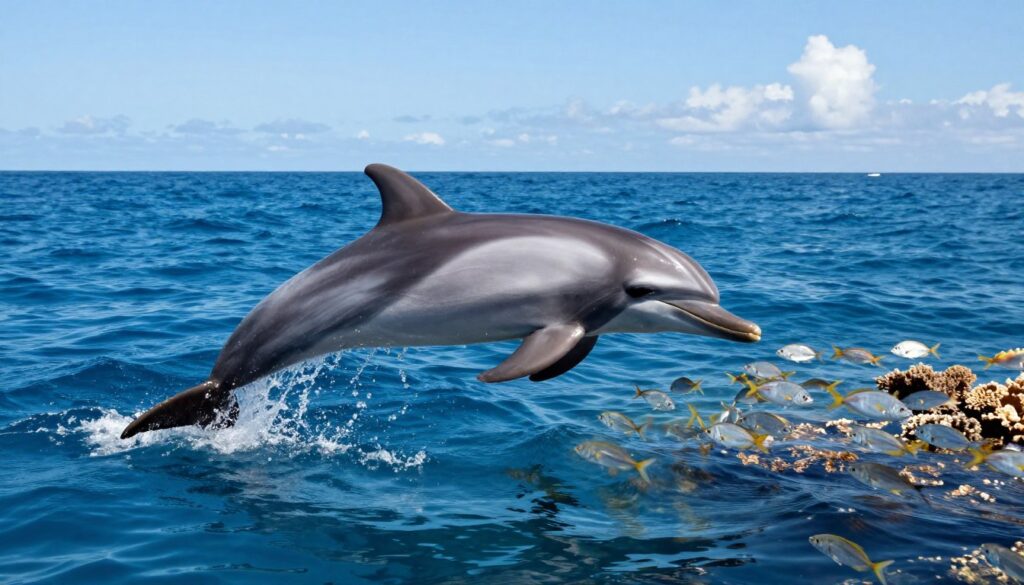 A common dolphin gracefully swimming in clear blue ocean waters, showcasing its streamlined body and distinctive hourglass pattern on its sides. In the foreground, the dolphin leaps playfully above the surface, droplets of water sparkling in the sunlight. The middle ground features schools of small fish swimming around coral reefs, adding vibrancy to the scene. The background reveals the vast open ocean with gentle waves under a bright blue sky, dotted with a few fluffy white clouds. The lighting is bright and natural, emphasizing the dolphin's smooth skin and the shimmering surface of the water. The overall mood is lively and serene, reflecting the joy and freedom of marine life.