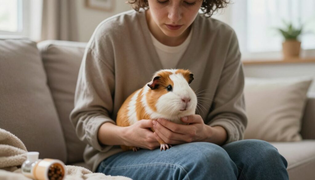 A compassionate scene in a warmly lit living room where a person, dressed in modest casual clothing, gently cradles a small, sick guinea pig in their hands. The person has a concerned, caring expression, reflecting the urgency of the situation. Surrounding them are cozy home elements like soft blankets and a couple of pet care items, hinting at the action they are taking to comfort the ailing pet. In the background, a window allows soft natural light to filter in, creating an intimate atmosphere. The color palette is warm and soothing, fostering a sense of care and compassion. Focus on the details of the guinea pig's vulnerable state and the gentle demeanor of the caregiver to evoke empathy.