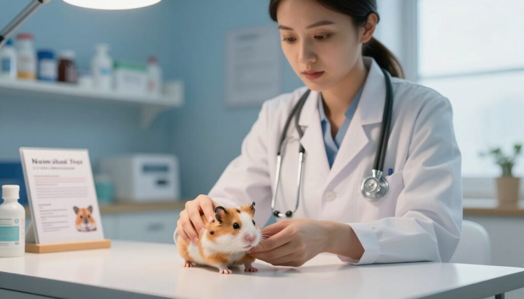 A compassionate veterinarian in a modern clinic setting, gently examining a small hamster on an examination table. The veterinarian, a woman in a white lab coat with a stethoscope around her neck, is focused, with warm lighting casting a soft glow over the scene. In the foreground, the hamster is alert, with visible signs of concern—like small lumps on its body—highlighting the necessity of a veterinary visit. In the middle ground, a shelf with medical supplies and pamphlets about pet health adds context. The background features calming blue walls and a window with natural light filtering in, creating an atmosphere of hope and care. The overall mood is serious yet gentle, emphasizing the importance of health assessment for pets.