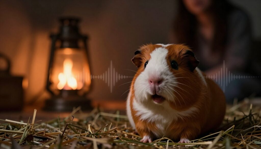 A concerned guinea pig in a cozy darkened room, perched on a soft bed of hay. The foreground features the guinea pig with its eyes wide open, portraying an expression of distress amidst a subtle sound wave-like visual effect surrounding its mouth to signify its high-pitched squeaking transitioning into a louder wailing. In the middle ground, a cozy inferno glow from a nearby lamp casts warm light, creating a sense of intimacy and concern. The background indicates a softly blurred abstract representation of a human silhouette, emphasizing a caregiver nearby, illustrating the attentive moment. The atmosphere is tense yet nurturing, reflecting the urgency of the signal while maintaining a safe, calming ambiance with soft shadows and gentle lighting. A concerned guinea pig in a cozy darkened room, perched on a soft bed of hay. The foreground features the guinea pig with its eyes wide open, portraying an expression of distress amidst a subtle sound wave-like visual effect surrounding its mouth to signify its high-pitched squeaking transitioning into a louder wailing. In the middle ground, a cozy inferno glow from a nearby lamp casts warm light, creating a sense of intimacy and concern. The background indicates a softly blurred abstract representation of a human silhouette, emphasizing a caregiver nearby, illustrating the attentive moment. The atmosphere is tense yet nurturing, reflecting the urgency of the signal while maintaining a safe, calming ambiance with soft shadows and gentle lighting.