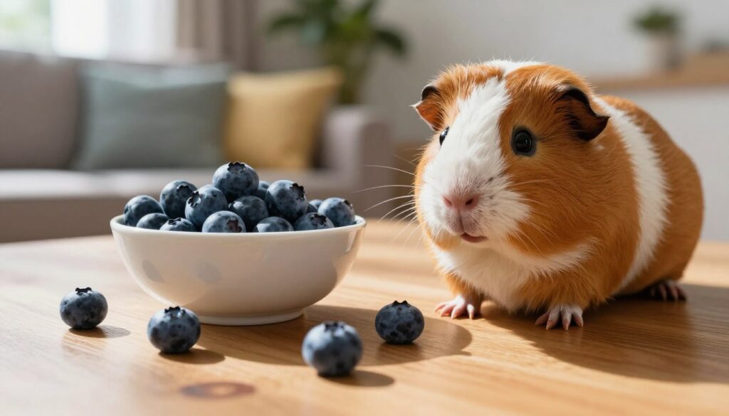 A concerned guinea pig is cautiously examining a bowl of blueberries placed on a hardwood table. In the foreground, focus on the guinea pig with big, expressive eyes, showcasing a mix of curiosity and caution. In the middle ground, the vibrant blue blueberries glisten under soft, natural light, casting delicate shadows. The background features a cozy living room scene, with plush cushions and plants, suggesting a warm atmosphere. Sunlight streams in through a window, creating a gentle, inviting ambiance. The overall mood should evoke a sense of care and awareness regarding pet safety, highlighting the importance of moderation when offering blueberries to guinea pigs.