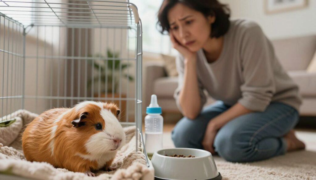 A concerned guinea pig owner observing their pet in a cozy indoor setting. Foreground features the guinea pig, visibly lethargic and with ruffled fur, resting on soft bedding in a clean cage. The owner, a gentle middle-aged person in modest casual attire, kneels beside the cage, looking worried and attentive. In the middle, there are subtle signs of distress, like a half-empty food bowl and a water bottle with little condensation, indicating the pet’s lack of appetite. The background showcases a warm home environment with soft lighting filtering through a window, enhancing a tender, worried atmosphere. The overall mood is one of concern and care, emphasizing the connection between the pet and owner as they face troubling signs of illness.