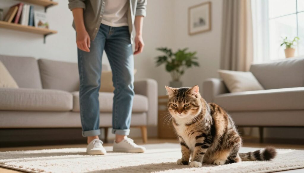 A concerned pet owner stands in a cozy, well-lit living room, looking down at their domestic cat, which has a visible look of discomfort. The owner, dressed in modest casual clothing, is gently observing the cat's behavior, showing concern for its health. In the background, shelves of pet care books and a small indoor plant add warmth to the space. Soft sunlight filters through a nearby window, creating a serene ambiance. The cat, a fluffy tabby, is sitting on a soft rug, with its ears slightly back, indicating potential aggression or pain. This composition captures the moments of uncertainty and worry as the owner contemplates whether to consult a veterinarian or behaviorist about their pet's well-being. A concerned pet owner stands in a cozy, well-lit living room, looking down at their domestic cat, which has a visible look of discomfort. The owner, dressed in modest casual clothing, is gently observing the cat's behavior, showing concern for its health. In the background, shelves of pet care books and a small indoor plant add warmth to the space. Soft sunlight filters through a nearby window, creating a serene ambiance. The cat, a fluffy tabby, is sitting on a soft rug, with its ears slightly back, indicating potential aggression or pain. This composition captures the moments of uncertainty and worry as the owner contemplates whether to consult a veterinarian or behaviorist about their pet's well-being.
