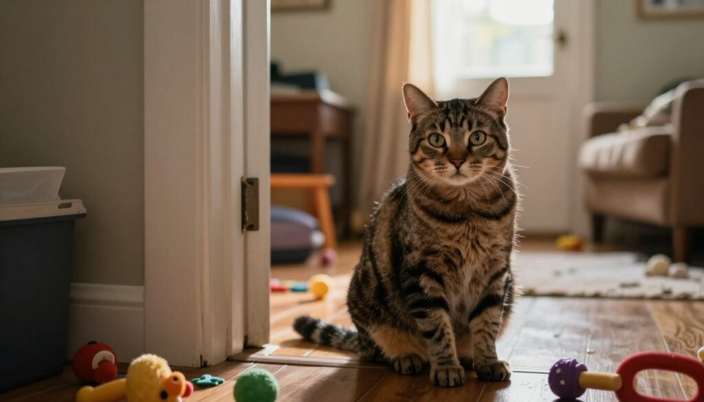 A concerned tabby cat with wide eyes sits in a corner of a softly lit living room, surrounded by scattered toys and a slightly messy environment, reflecting a sense of chaos. In the foreground, the cat's body language shows anxiety—ears back, and tail tucked. In the middle ground, a half-open door leads to another room, suggesting a recent change in the home. In the background, warm sunlight filters through a window, casting gentle shadows and highlighting a cozy but crowded space. The atmosphere is tense yet captures the essence of a home filled with love, emphasizing the stress that changes in the environment can cause for pets. The composition should focus closely on the cat, with a slightly blurred background for depth, using a warm color palette to evoke a sense of concern and comfort. A concerned tabby cat with wide eyes sits in a corner of a softly lit living room, surrounded by scattered toys and a slightly messy environment, reflecting a sense of chaos. In the foreground, the cat's body language shows anxiety—ears back, and tail tucked. In the middle ground, a half-open door leads to another room, suggesting a recent change in the home. In the background, warm sunlight filters through a window, casting gentle shadows and highlighting a cozy but crowded space. The atmosphere is tense yet captures the essence of a home filled with love, emphasizing the stress that changes in the environment can cause for pets. The composition should focus closely on the cat, with a slightly blurred background for depth, using a warm color palette to evoke a sense of concern and comfort.
