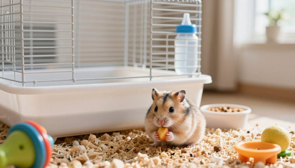 A cozy and clean hamster cage scene showcasing a happy hamster engaging in its hygiene routine. In the foreground, depict the hamster using a small dust bath and nibbling on a piece of fruit, surrounded by clean bedding and vibrant toys. In the middle ground, illustrate a well-organized cage with a removable tray for easy cleaning, a water bottle, and food dish, highlighting the important aspects of care. The background should feature a softly blurred interior of a pet-friendly room, emphasizing natural light streaming through a window, casting warm rays and creating a calming atmosphere. The overall mood should convey cleanliness, care, and the joy of pet ownership, with detailed textures and vivid colors enhancing the visual appeal.