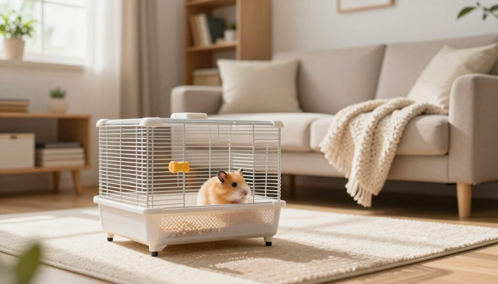 A cozy and inviting living room featuring a small, intricately designed hamster cage in the foreground, containing a Syrian hamster exploring its new environment. The middle ground showcases a warm, brightly lit space with a comfortable sofa and soft textured blankets, inviting interaction. In the background, there are shelves with books and small plants, creating a nurturing atmosphere. Natural sunlight pours in through a window, casting soft shadows and highlighting the hamster’s curiosity. The overall mood is calm and welcoming, suggesting a safe haven for pets and their owners. The scene captures the essence of a new pet's first day at home, emphasizing care and companionship.