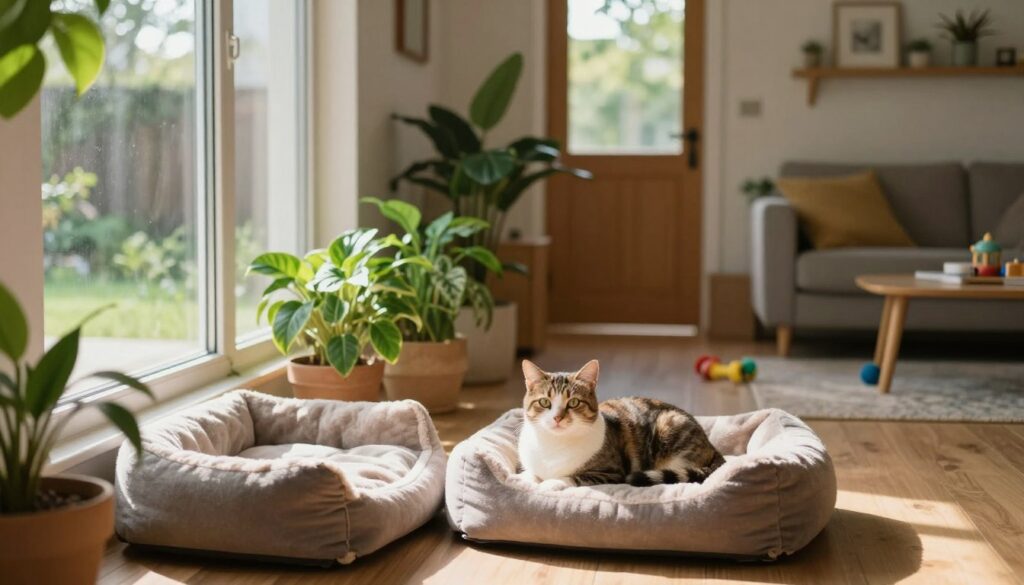 A cozy and inviting new home interior, designed to create a sense of security for cats transitioning to a new environment. In the foreground, a plush cat bed sits near a sunlit window, surrounded by vibrant indoor plants. The middle features a warm-toned living room with soft furniture and scattered toys, hinting at a safe space. In the background, a subtly visible door leads to a small yard, softly blurred to emphasize the indoor haven. Natural sunlight filters through the window, creating a tranquil atmosphere with gentle shadows. The overall mood is peaceful and welcoming, reflecting the adjustments required for pets in a new home. The scene encapsulates the essence of comfort and safety without any human presence or extra distractions. A cozy and inviting new home interior, designed to create a sense of security for cats transitioning to a new environment. In the foreground, a plush cat bed sits near a sunlit window, surrounded by vibrant indoor plants. The middle features a warm-toned living room with soft furniture and scattered toys, hinting at a safe space. In the background, a subtly visible door leads to a small yard, softly blurred to emphasize the indoor haven. Natural sunlight filters through the window, creating a tranquil atmosphere with gentle shadows. The overall mood is peaceful and welcoming, reflecting the adjustments required for pets in a new home. The scene encapsulates the essence of comfort and safety without any human presence or extra distractions.