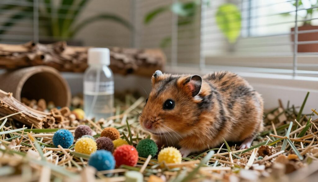 A cozy and vibrant scene featuring a Dzhungarian hamster in its natural setting. In the foreground, a fluffy, brown and grey hamster with tiny, sparkling eyes, curiously exploring a small pile of fresh bedding and colorful chew toys. In the middle ground, a well-furnished cage filled with natural materials like wood and grass, with a small water bottle reflecting gentle light. The background showcases a softly blurred indoor environment, with house plants and sunlight filtering through a nearby window, creating a warm, inviting atmosphere. The lighting is soft and natural, emphasizing the hamster's playful demeanor, inviting the viewer to appreciate the delicate beauty and charm of this adorable creature in its habitat.