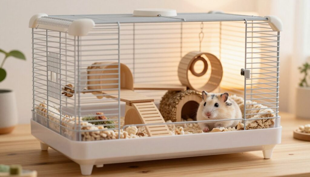A cozy and well-appointed hamster cage designed for an elderly dwarf hamster, showcasing safety and comfort. In the foreground, the cage features soft bedding and small hammocks for relaxation, along with gentle ramps for easy access. The middle section displays various enrichment items, such as a small wheel, chew toys, and hiding spots made of natural materials, promoting activity and mental stimulation. In the background, light filters through a soft, warm glow from a lamp, creating a serene atmosphere that emphasizes tranquility. The cage is set against a softly blurred wooden table surface, adding a touch of warmth and homeliness. The overall mood is peaceful and nurturing, reflecting an ideal environment for a senior hamster to thrive safely.