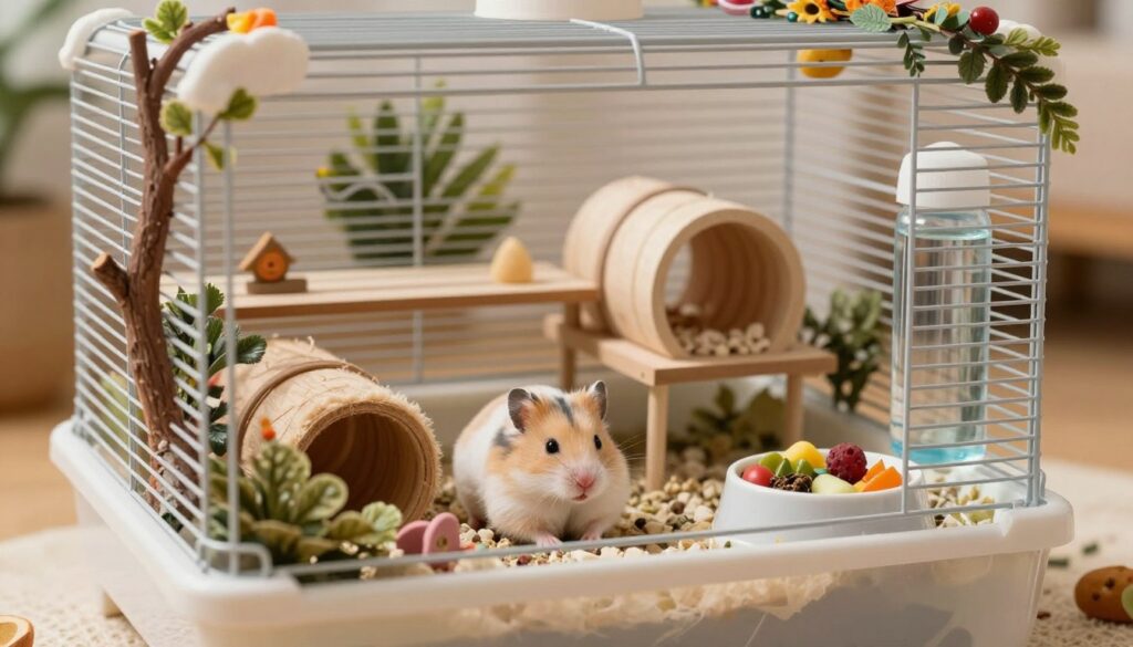 A cozy and well-designed hamster cage, intricately detailed, featuring multiple levels and tunnels, soft bedding, and interactive toys. The foreground showcases a happy hamster exploring its environment, surrounded by colorful natural decorations like branches and foliage. The middle ground highlights the various sections of the cage, with a clear water bottle and a food dish filled with fresh fruits and vegetables, ensuring a healthy snack. The background is softly blurred, emphasizing the cage's interior while hinting at a warm home environment with soft, diffused lighting enhancing the scene's inviting atmosphere. Capture a serene and nurturing mood, reflecting the conditions that promote a long, healthy life for hamsters.