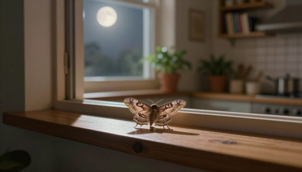 A cozy, dimly lit domestic interior with a soft, warm ambiance. The foreground features a delicate moth perched on a wooden windowsill, showcasing its intricate wing patterns and natural colors. In the middle, a view of a slightly open window allows soft moonlight to illuminate the moth, casting gentle shadows on the surface. The background reveals a well-organized room with potted plants, bookshelves, and a faint glimpse of kitchen utensils, reflecting a comfortable home environment. The scene is photographed from a slight angle, emphasizing depth and inviting the viewer's curiosity. The atmosphere is serene, evoking a sense of tranquility and home life, while subtly highlighting the presence of moths in everyday spaces. A cozy, dimly lit domestic interior with a soft, warm ambiance. The foreground features a delicate moth perched on a wooden windowsill, showcasing its intricate wing patterns and natural colors. In the middle, a view of a slightly open window allows soft moonlight to illuminate the moth, casting gentle shadows on the surface. The background reveals a well-organized room with potted plants, bookshelves, and a faint glimpse of kitchen utensils, reflecting a comfortable home environment. The scene is photographed from a slight angle, emphasizing depth and inviting the viewer's curiosity. The atmosphere is serene, evoking a sense of tranquility and home life, while subtly highlighting the presence of moths in everyday spaces.