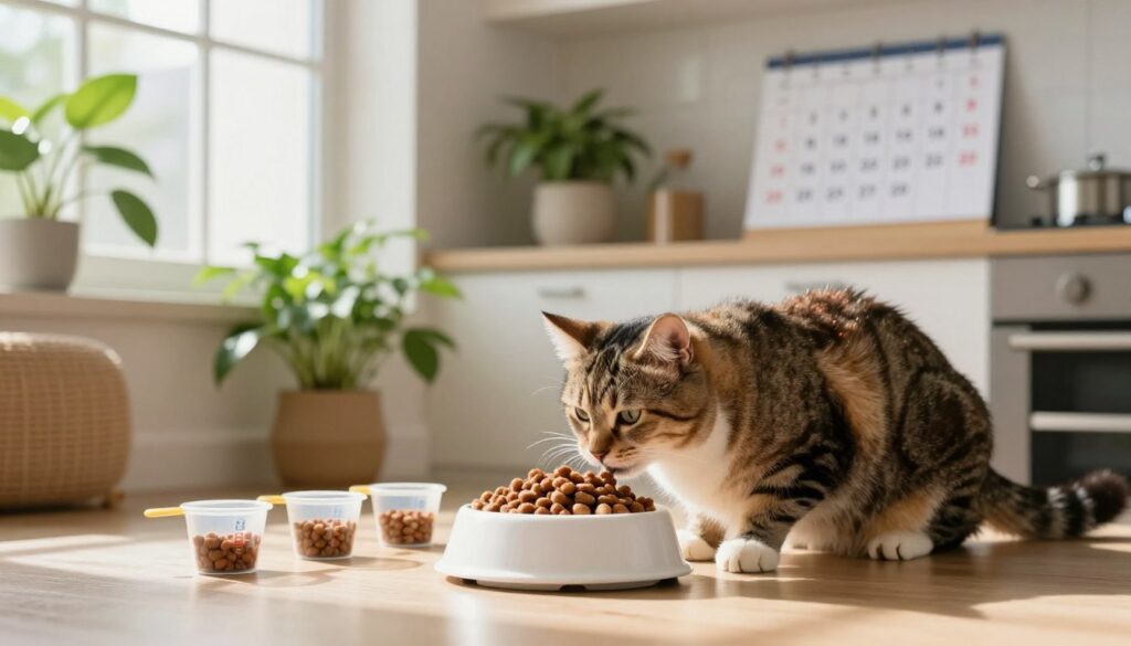A cozy domestic scene featuring a playful cat next to a well-organized feeding area, emphasizing careful portioning of cat food. In the foreground, the cat, a fluffy tabby, curiously inspecting a bowl filled with fresh, healthy cat food, surrounded by small measuring cups indicating feeding portions. In the middle ground, a modern kitchen with vibrant green plants and soft, natural lighting streaming through a window creates a warm atmosphere. The background shows a cat care calendar on the wall, marking feeding times clearly, suggesting a routine. The overall mood is calm and nurturing, highlighting the importance of a structured feeding schedule for a healthy cat.