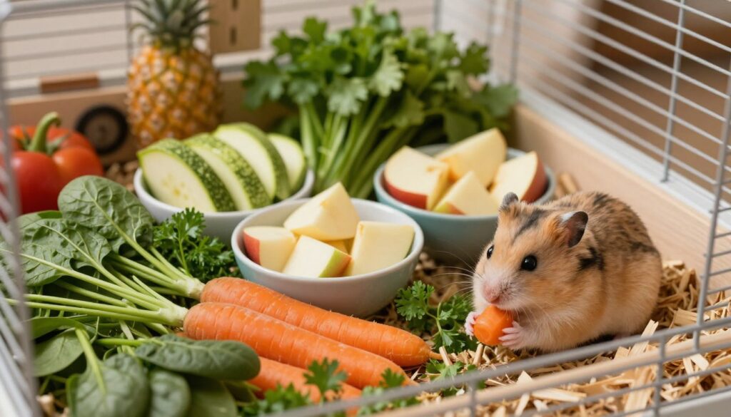 A cozy hamster cage filled with fresh, colorful vegetables, fruits, and herbs that signify a safe diet for hamsters. In the foreground, a playful hamster curiously munches on a vibrant carrot, surrounded by lush greens like spinach and parsley. In the middle, various bowls contain striped zucchini slices and juicy apple chunks, all neatly organized to show proper portioning. The background features a well-maintained cage with wooden bedding and natural decorations, illuminated by soft, warm lighting that creates a welcoming atmosphere. The scene is viewed from a slight angle, capturing both the hamster and the rich variety of food, emphasizing the importance of introducing new products safely. A cozy hamster cage filled with fresh, colorful vegetables, fruits, and herbs that signify a safe diet for hamsters. In the foreground, a playful hamster curiously munches on a vibrant carrot, surrounded by lush greens like spinach and parsley. In the middle, various bowls contain striped zucchini slices and juicy apple chunks, all neatly organized to show proper portioning. The background features a well-maintained cage with wooden bedding and natural decorations, illuminated by soft, warm lighting that creates a welcoming atmosphere. The scene is viewed from a slight angle, capturing both the hamster and the rich variety of food, emphasizing the importance of introducing new products safely.