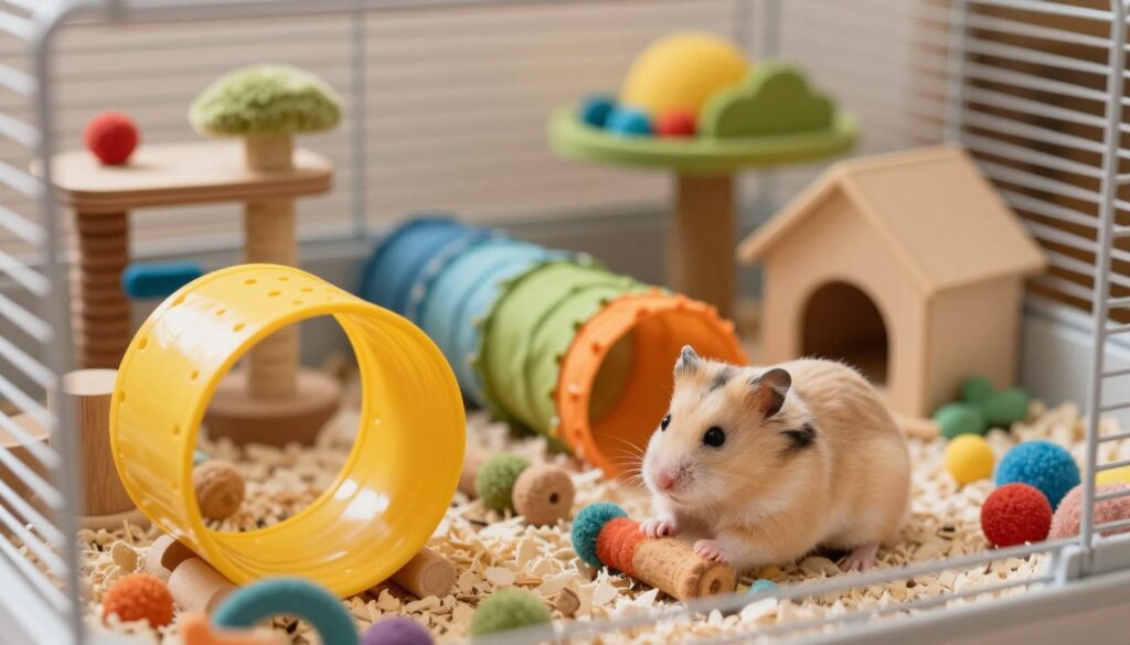 A cozy hamster cage scene filled with vibrant and engaging toys. In the foreground, a playful hamster is interacting with a bright yellow exercise wheel and colorful chew toys made of natural wood and soft fabric. In the middle, a variety of tunnels and climbing structures create an adventurous playground, with a small hideaway house nestled among them. In the background, a soft-focus view of the cage bars creates a warm, inviting atmosphere, illuminated by gentle, natural lighting that adds a sense of tranquility. The overall mood is joyful and playful, showcasing the toys and accessories that hamsters adore, with an emphasis on fun and activity within their cozy home.
