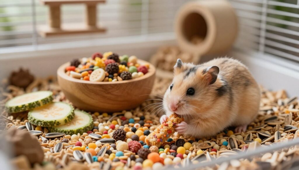 A cozy hamster habitat filled with various crunchy snacks that hamsters love. In the foreground, a cheerful, fluffy hamster is nibbling on a colorful chew stick, surrounded by a scatter of colorful pellets and sunflower seeds. The middle ground showcases a small wooden bowl overflowing with treat mixtures, alongside a couple of crunchy vegetable slices. The background features a soft, natural lighting setting that illuminates a spacious, well-decorated hamster cage adorned with climbing toys and bedding. The atmosphere is warm and inviting, evoking a sense of joy and comfort. The camera angle is slightly bird's-eye view, focusing on the hamster and its treats, capturing the essence of a delightful and engaging scene.