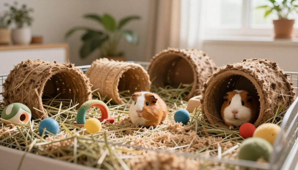 A cozy indoor environment featuring a beautifully designed guinea pig cage, showcasing natural elements. In the foreground, there's a spacious cage filled with soft bedding, fresh hay, and colorful toys. In the middle, various tunnels and cozy hideouts made from natural materials are arranged, inviting the guinea pigs to explore. The background depicts a warm, sunlit room with indoor plants, providing a gentle and inviting atmosphere. Soft, diffused lighting highlights the textures of the bedding and the vibrant colors of the toys, creating a serene and homely feel. The overall mood is peaceful and nurturing, perfect for illustrating a natural habitat setting for pet guinea pigs. A cozy indoor environment featuring a beautifully designed guinea pig cage, showcasing natural elements. In the foreground, there's a spacious cage filled with soft bedding, fresh hay, and colorful toys. In the middle, various tunnels and cozy hideouts made from natural materials are arranged, inviting the guinea pigs to explore. The background depicts a warm, sunlit room with indoor plants, providing a gentle and inviting atmosphere. Soft, diffused lighting highlights the textures of the bedding and the vibrant colors of the toys, creating a serene and homely feel. The overall mood is peaceful and nurturing, perfect for illustrating a natural habitat setting for pet guinea pigs.