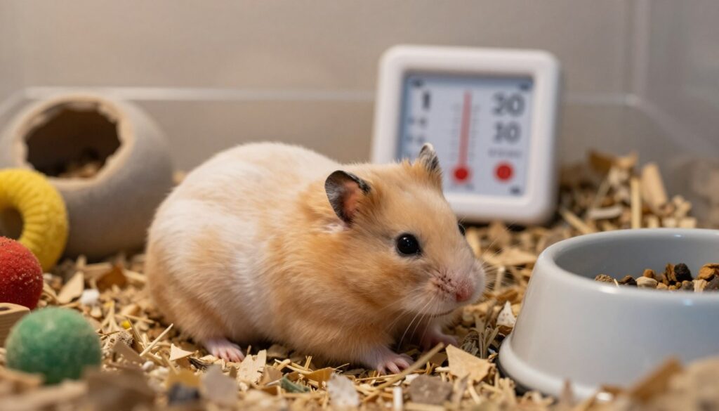A cozy indoor scene depicting a Syrian hamster nestled in its bedding, surrounded by various small objects like chew toys and a food bowl. The foreground features the hamster in a curled-up position, showcasing its soft fur, with gentle details of its whiskers and tiny paws visible. In the middle ground, a small温度 chart highlights the ideal temperature range for hamsters, integrating seamlessly with the environment. The background includes soft, diffused lighting that creates a warm and inviting atmosphere, simulating a safe habitat. The angle is slightly above the hamster, providing a clear view of its relaxed state to emphasize its hibernation-like behavior in a domestic setting. The mood conveys comfort and safety, illustrating the specific topic of winter dormancy in pet hamsters. A cozy indoor scene depicting a Syrian hamster nestled in its bedding, surrounded by various small objects like chew toys and a food bowl. The foreground features the hamster in a curled-up position, showcasing its soft fur, with gentle details of its whiskers and tiny paws visible. In the middle ground, a small温度 chart highlights the ideal temperature range for hamsters, integrating seamlessly with the environment. The background includes soft, diffused lighting that creates a warm and inviting atmosphere, simulating a safe habitat. The angle is slightly above the hamster, providing a clear view of its relaxed state to emphasize its hibernation-like behavior in a domestic setting. The mood conveys comfort and safety, illustrating the specific topic of winter dormancy in pet hamsters.