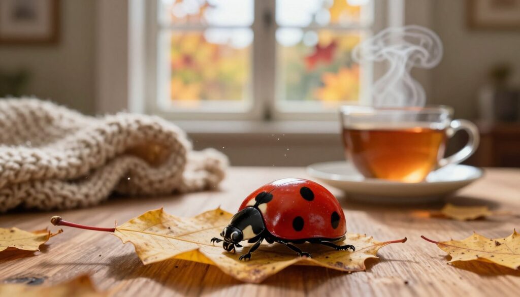A cozy indoor scene depicting a ladybug nestled in a warm and inviting home environment during autumn. In the foreground, a close-up view of the ladybug, showcasing its vibrant red shell with distinct black spots, resting on a yellowed leaf that has fallen from a nearby houseplant. The middle ground features a rustic window with soft sunlight streaming through, illuminating dust motes dancing in the air, while a knitted blanket and a steaming cup of tea rest on a wooden table. The background hints at the autumn season outside, with colorful foliage and a gentle breeze. The atmosphere is warm and inviting, evoking a sense of comfort and safety as the ladybug prepares for winter hibernation.