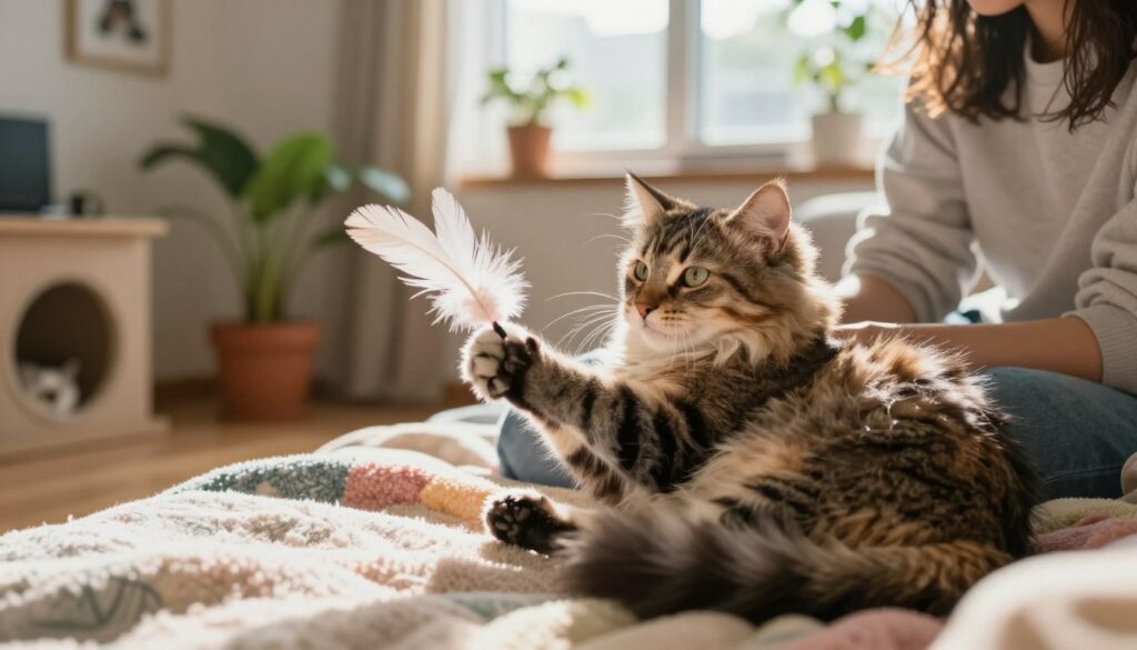 A cozy indoor scene featuring a fluffy, affectionate tabby cat curled up on a soft, colorful blanket. In the foreground, the cat is playfully pawing at a small feather toy held by a person in casual attire, showcasing a moment of bonding and trust. The middle ground includes a warm, inviting room with potted plants and a sunlit window, casting gentle rays of light that create a serene atmosphere. The background reveals a few hints of home decor, such as framed pictures and cat-friendly furniture. The overall mood is joyful and loving, capturing the essence of shared affection between the cat and its owner, with soft focus on the edges to emphasize the intimacy of the scene. A cozy indoor scene featuring a fluffy, affectionate tabby cat curled up on a soft, colorful blanket. In the foreground, the cat is playfully pawing at a small feather toy held by a person in casual attire, showcasing a moment of bonding and trust. The middle ground includes a warm, inviting room with potted plants and a sunlit window, casting gentle rays of light that create a serene atmosphere. The background reveals a few hints of home decor, such as framed pictures and cat-friendly furniture. The overall mood is joyful and loving, capturing the essence of shared affection between the cat and its owner, with soft focus on the edges to emphasize the intimacy of the scene.