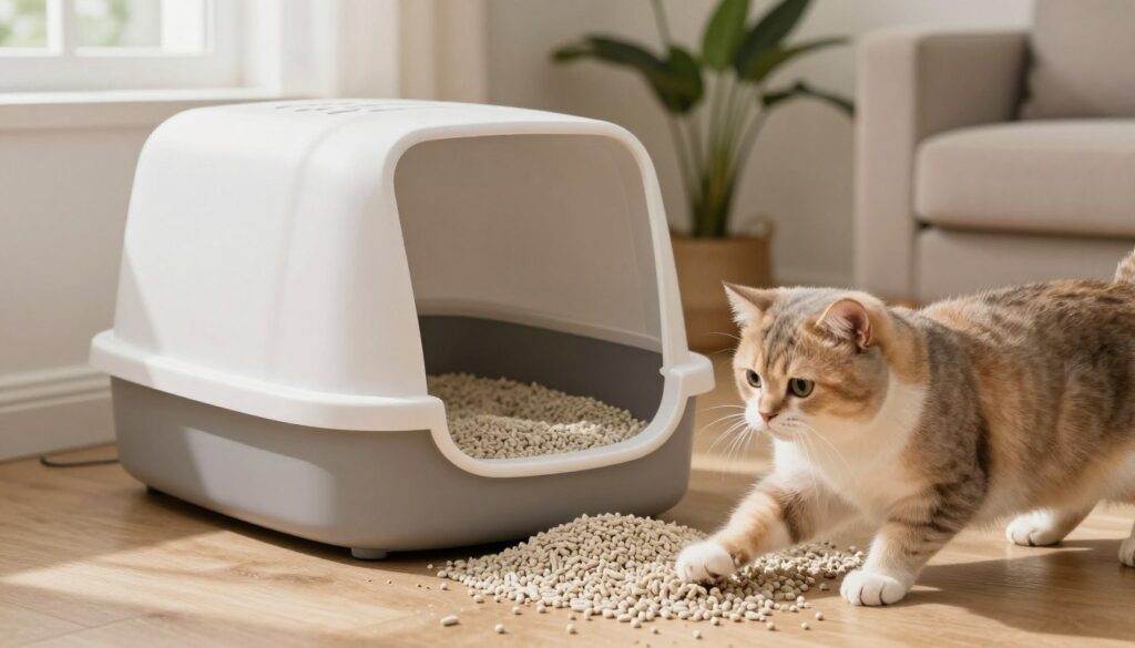 A cozy indoor scene featuring a modern cat litter box filled with natural cat litter granules, emphasizing its texture and organic appearance. In the foreground, a curious cat, with soft fur and bright eyes, investigates the litter box, pawing at the litter playfully. The middle ground showcases a stylish, minimalistic litter box design that fits seamlessly into a contemporary home. The background features a well-lit room with warm tones, soft shadows cast by a nearby window, and hints of potted plants and a comfortable couch. The overall atmosphere is inviting, highlighting the importance of a safe and appealing environment for teaching a cat to use the litter box effectively.