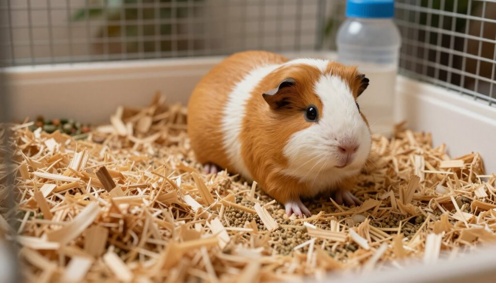 A cozy indoor scene featuring a small guinea pig cage filled with natural wood shavings and granules, emphasizing cleanliness and safety for the pet's paws. In the foreground, focus on the rich texture of the bedding, showcasing its absorbent qualities. The middle ground reveals the playful guinea pig exploring its environment, surrounded by soft, warm lighting that creates an inviting atmosphere. The background includes a subtle hint of a well-organized small animal habitat, with fresh food and a water bottle, all bathed in gentle, natural light. The overall mood is serene and nurturing, highlighting the importance of a healthy environment for pets.