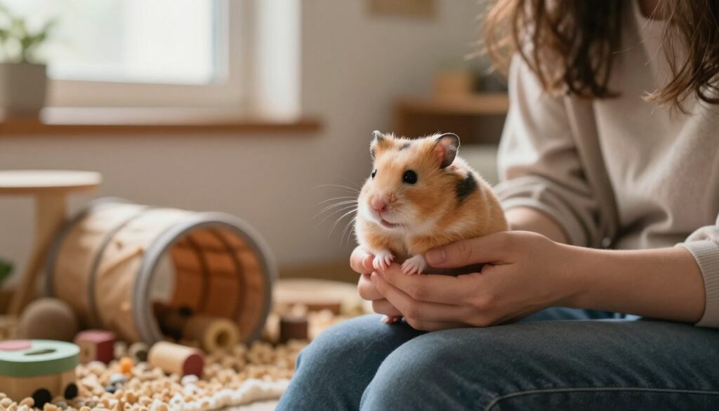A cozy indoor scene showcasing a Syrian hamster being gently held by a caring adult, who is dressed in modest casual clothing. In the foreground, focus on the delicate interaction between the hamster and the person, highlighting the hamster's soft fur and curious expression. In the middle ground, a comfortable environment with a small play area filled with tunnels, chew toys, and bedding material to emphasize a stress-free space for the pet. The background features a soft, warm light filtering through a window, creating a serene and inviting atmosphere. Use a slightly blurred depth of field to draw attention to the hamster and the person, conveying a sense of companionship and trust.