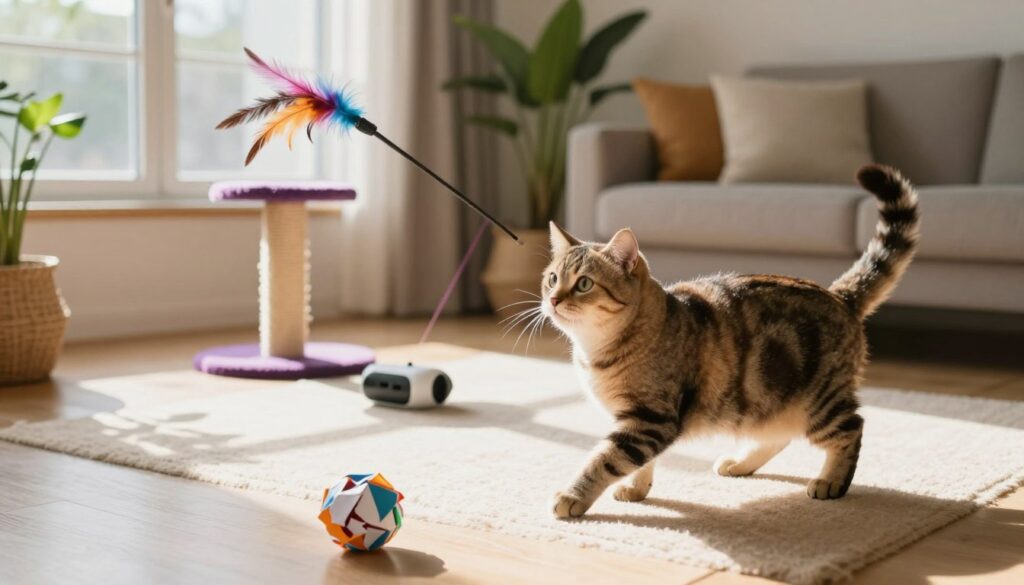 A cozy indoor scene showcasing a playful domestic cat engaging with various simple toys. In the foreground, the cat is pouncing on a colorful feather wand and a crumpled ball of paper, illustrating its playful nature. In the middle background, there are a few cat-friendly toys like a small scratching post and a laser pointer, emphasizing a variety of engaging activities. Warm, natural light streams in from a nearby window, casting soft shadows that enhance the inviting atmosphere. The background features a neatly arranged living room with plants and cushions, creating a sense of comfort. The mood is lively and fun, capturing the essence of a playful environment where a cat can enjoy itself without requiring much space. The composition should be dynamic and engaging, with a focus on the cat’s joyful expressions. A cozy indoor scene showcasing a playful domestic cat engaging with various simple toys. In the foreground, the cat is pouncing on a colorful feather wand and a crumpled ball of paper, illustrating its playful nature. In the middle background, there are a few cat-friendly toys like a small scratching post and a laser pointer, emphasizing a variety of engaging activities. Warm, natural light streams in from a nearby window, casting soft shadows that enhance the inviting atmosphere. The background features a neatly arranged living room with plants and cushions, creating a sense of comfort. The mood is lively and fun, capturing the essence of a playful environment where a cat can enjoy itself without requiring much space. The composition should be dynamic and engaging, with a focus on the cat’s joyful expressions.