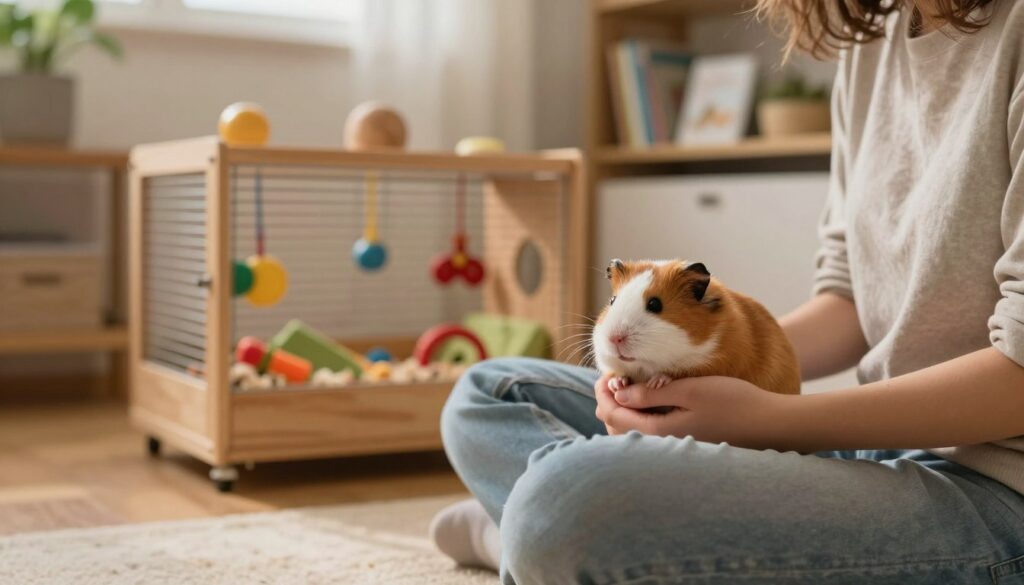 A cozy indoor setting featuring a gently lit, spacious room with soft, warm lighting. In the foreground, a person in modest casual clothing is sitting on the floor, interacting with a calm and curious Syrian hamster. The hamster is nestled in the person's hands, displaying a relaxed demeanor that signifies comfort and trust. In the middle ground, a small wooden cage is visible, decorated with colorful toys and bedding, enhancing the sense of a nurturing environment. The background includes a shelf with pet care books and plants, evoking a tranquil atmosphere. The mood is warm and inviting, highlighting the bond between humans and pets while emphasizing the importance of gentle interaction for reducing stress and improving the hamster's well-being.