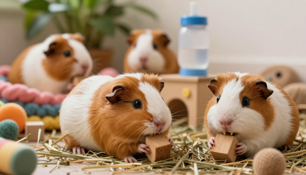 A cozy indoor setting featuring a group of adorable guinea pigs (świnki morskie) engaged in natural behaviors. In the foreground, two guinea pigs are nibbling on hay and chewing on wooden blocks, highlighting their instinctual need to gnaw and maintain their teeth. Their soft fur gleams under warm, soft lighting, emphasizing their round eyes and cute expressions. The middle ground shows a small habitat with colorful bedding, chew toys, and a water bottle, creating an inviting atmosphere. In the background, a hint of lush green plants adds a gentle, calming element. The composition invites a sense of serenity and playfulness, capturing the essence of these beloved pets in a home environment with a shallow depth of field to create a dreamy effect. A cozy indoor setting featuring a group of adorable guinea pigs (świnki morskie) engaged in natural behaviors. In the foreground, two guinea pigs are nibbling on hay and chewing on wooden blocks, highlighting their instinctual need to gnaw and maintain their teeth. Their soft fur gleams under warm, soft lighting, emphasizing their round eyes and cute expressions. The middle ground shows a small habitat with colorful bedding, chew toys, and a water bottle, creating an inviting atmosphere. In the background, a hint of lush green plants adds a gentle, calming element. The composition invites a sense of serenity and playfulness, capturing the essence of these beloved pets in a home environment with a shallow depth of field to create a dreamy effect.