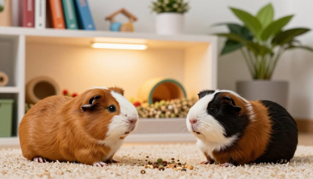 A cozy indoor setting featuring a variety of guinea pig breeds, showcasing their unique characteristics. In the foreground, a fluffy Abyssinian guinea pig with rosettes, and a sleek Peruvian guinea pig with long, flowing fur, both curiously interacting. In the middle, a well-organized supply area with bedding, food, and toys, illuminated by warm, soft lighting to create a welcoming atmosphere. The background includes a shelf with books on guinea pig care and a potted plant, adding a touch of greenery. The overall mood is educational and inviting, aiming to highlight the diverse factors influencing guinea pig costs, such as breed and health, in a vibrant and visually engaging manner. A cozy indoor setting featuring a variety of guinea pig breeds, showcasing their unique characteristics. In the foreground, a fluffy Abyssinian guinea pig with rosettes, and a sleek Peruvian guinea pig with long, flowing fur, both curiously interacting. In the middle, a well-organized supply area with bedding, food, and toys, illuminated by warm, soft lighting to create a welcoming atmosphere. The background includes a shelf with books on guinea pig care and a potted plant, adding a touch of greenery. The overall mood is educational and inviting, aiming to highlight the diverse factors influencing guinea pig costs, such as breed and health, in a vibrant and visually engaging manner.