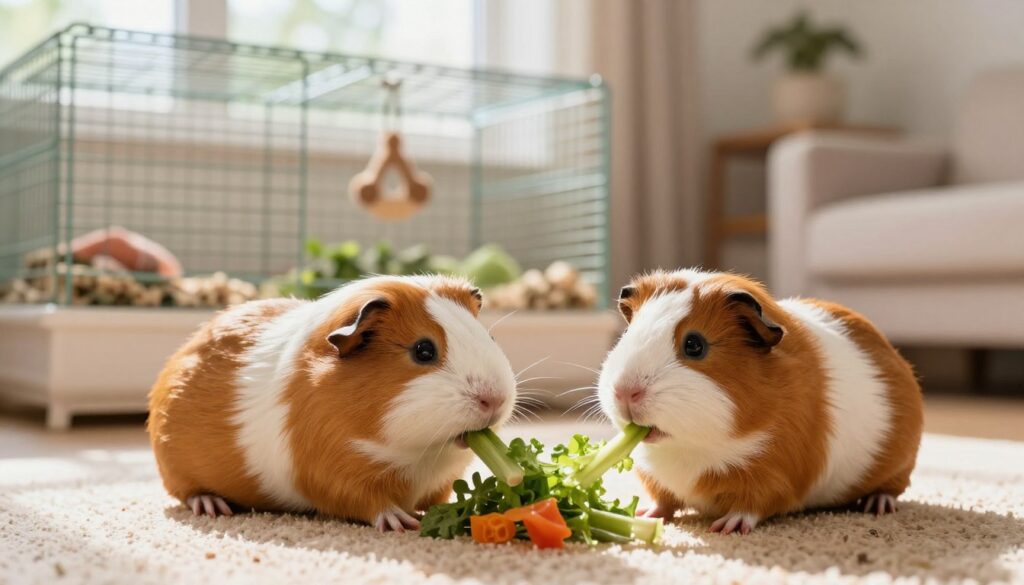 A cozy indoor setting featuring two adorable guinea pigs (świnki morskie) interacting playfully in the foreground. One guinea pig is nibbling on fresh, colorful vegetables, while the other is curiously observing, conveying a sense of safety and comfort. The middle ground includes a spacious, well-arranged cage filled with soft bedding and various toys, symbolizing a proper environment for these pets. The background showcases a bright and inviting room, gently lit by warm natural light streaming through a window, creating a serene atmosphere. The overall mood should be cheerful and nurturing, emphasizing responsible pet ownership and the joy of caring for guinea pigs. A cozy indoor setting featuring two adorable guinea pigs (świnki morskie) interacting playfully in the foreground. One guinea pig is nibbling on fresh, colorful vegetables, while the other is curiously observing, conveying a sense of safety and comfort. The middle ground includes a spacious, well-arranged cage filled with soft bedding and various toys, symbolizing a proper environment for these pets. The background showcases a bright and inviting room, gently lit by warm natural light streaming through a window, creating a serene atmosphere. The overall mood should be cheerful and nurturing, emphasizing responsible pet ownership and the joy of caring for guinea pigs.