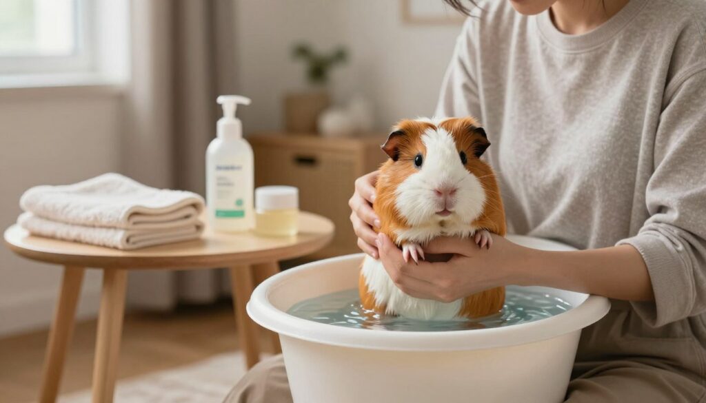 A cozy indoor setting where a person gently prepares a guinea pig for a bath. In the foreground, the person, wearing a casual yet tidy outfit, holds the guinea pig close, showcasing a loving interaction. The middle ground features a small table with pet grooming supplies like a soft towel, a small tub of warm water, and gentle, pet-safe shampoo. In the background, subtle home decor adds warmth, with soft natural light filtering in through a nearby window, creating a calming atmosphere. The mood is peaceful and reassuring, emphasizing the importance of a stress-free environment for the pet. The entire scene should convey a sense of care and preparation for the bathing ritual, focusing on the bond between the pet and owner.