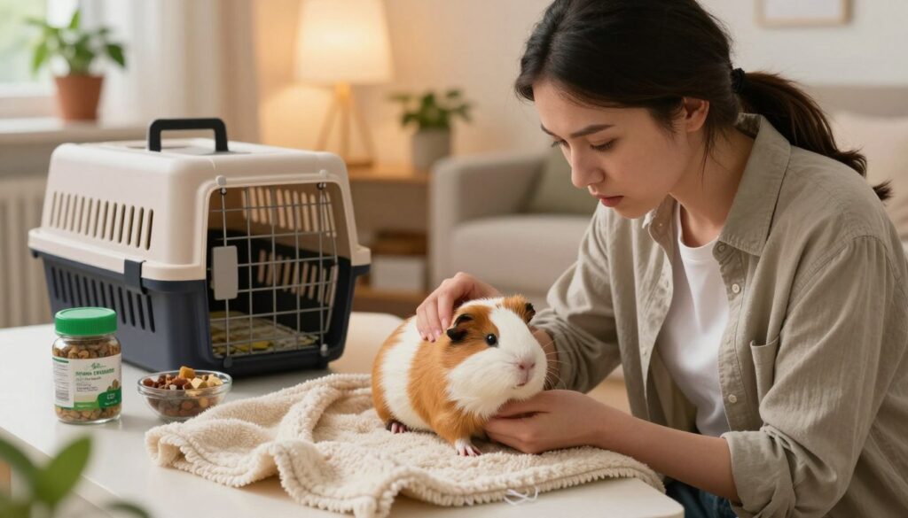 A cozy interior setting featuring a concerned pet owner gently preparing their guinea pig for a vet visit. In the foreground, the owner, a young woman dressed in modest casual clothing, is carefully holding the guinea pig while examining its fur and health. In the middle, a well-organized surface is adorned with a cozy blanket, a pet carrier, and some food essentials, indicating preparation. In the background, a softly lit room with houseplants and pet-related items creates a warm, nurturing atmosphere. The lighting is warm and inviting, enhancing the sense of care and concern. The angle is slightly above eye level, focusing on the interaction between the owner and the guinea pig, capturing the mood of attentive preparation. A cozy interior setting featuring a concerned pet owner gently preparing their guinea pig for a vet visit. In the foreground, the owner, a young woman dressed in modest casual clothing, is carefully holding the guinea pig while examining its fur and health. In the middle, a well-organized surface is adorned with a cozy blanket, a pet carrier, and some food essentials, indicating preparation. In the background, a softly lit room with houseplants and pet-related items creates a warm, nurturing atmosphere. The lighting is warm and inviting, enhancing the sense of care and concern. The angle is slightly above eye level, focusing on the interaction between the owner and the guinea pig, capturing the mood of attentive preparation.