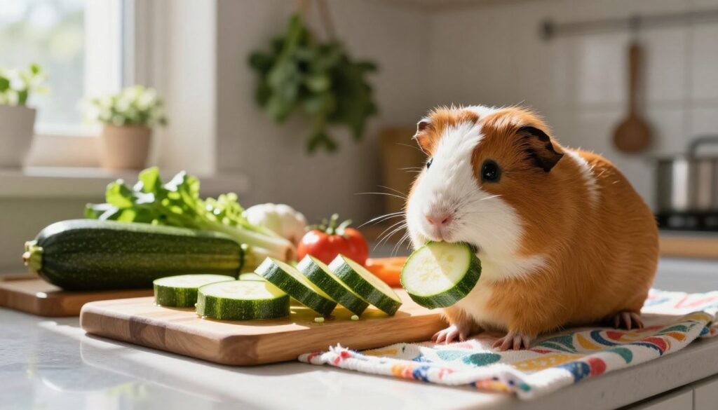 A cozy kitchen scene showcases a cute guinea pig happily nibbling on a slice of fresh zucchini. In the foreground, the guinea pig, with its soft, fluffy fur and bright eyes, is sitting on a colorful, patterned dish towel. In the middle, a wooden cutting board holds an array of freshly cut zucchini pieces, glistening with moisture, surrounded by other fresh vegetables. The background features a sunlit kitchen with hanging herbs, a bowl of assorted veggies, and a window with soft curtains, allowing natural light to pour in, casting gentle shadows. The atmosphere is warm and inviting, reflecting a sense of care and healthfulness in introducing new foods into a pet's diet. This image captures the essence of gradual dietary changes without overwhelming the guinea pig's digestive system. A cozy kitchen scene showcases a cute guinea pig happily nibbling on a slice of fresh zucchini. In the foreground, the guinea pig, with its soft, fluffy fur and bright eyes, is sitting on a colorful, patterned dish towel. In the middle, a wooden cutting board holds an array of freshly cut zucchini pieces, glistening with moisture, surrounded by other fresh vegetables. The background features a sunlit kitchen with hanging herbs, a bowl of assorted veggies, and a window with soft curtains, allowing natural light to pour in, casting gentle shadows. The atmosphere is warm and inviting, reflecting a sense of care and healthfulness in introducing new foods into a pet's diet. This image captures the essence of gradual dietary changes without overwhelming the guinea pig's digestive system.