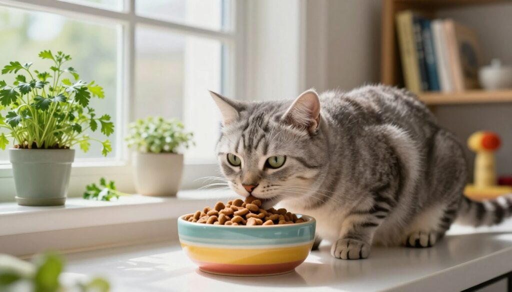 A cozy kitchen setting featuring a content gray tabby cat happily eating from a colorful ceramic bowl filled with nutritious cat food. In the foreground, the cat is depicted with a slight focus, showcasing its soft fur and bright eyes. The middle ground includes a sunny window with fresh cat-safe herbs like catnip and parsley on the sill, hinting at a balanced diet. The background shows shelves filled with pet care books and a few cat toys, enhancing the homely atmosphere. Bright, natural lighting floods the scene, creating a warm and inviting mood. The overall composition should emphasize the importance of a healthy diet in a cat's life, without any text or distractions cluttering the image.